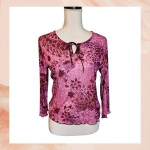 Pink Floral Tie-Neck Ruffle Hem Blouse